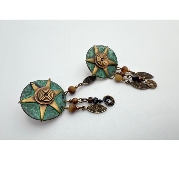 Vintage 1990s Artisan Studio Mixed Metal & Tiger's Eye Earrings - Picture 2 of 6